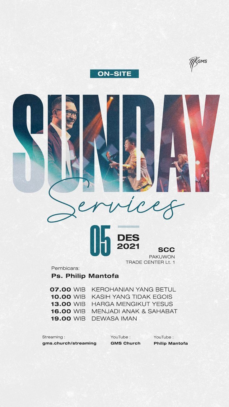 an event poster for sunday services