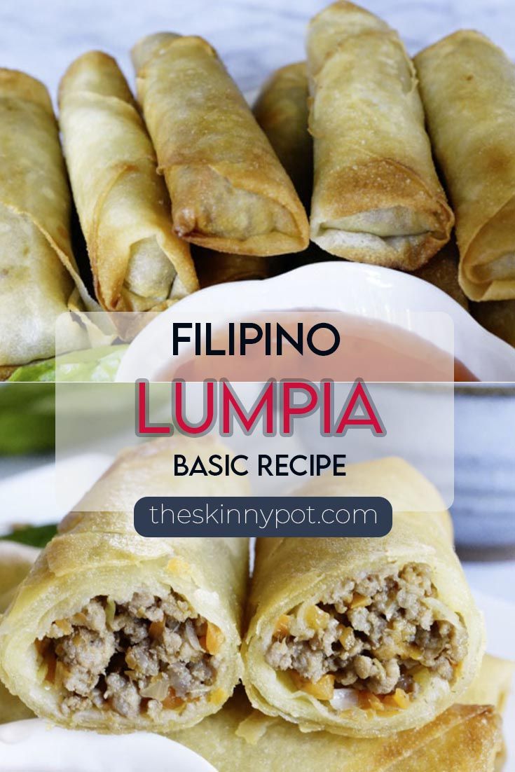 some food is sitting on a plate with the words, flulpino lumpia basic recipe