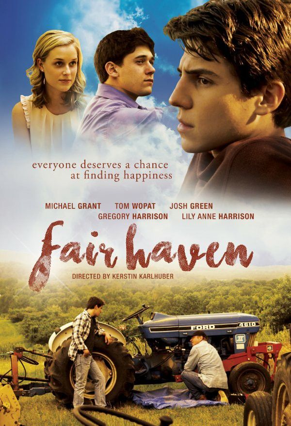 the movie poster for fair haven with two men working on an old tractor and another man standing next to it