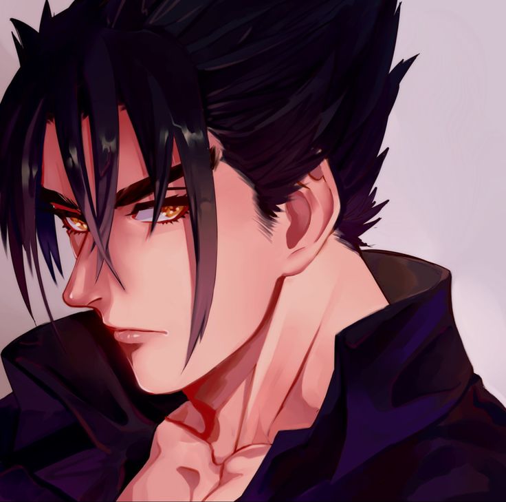 an anime character with black hair and red eyes looking to his left, in front of a white background