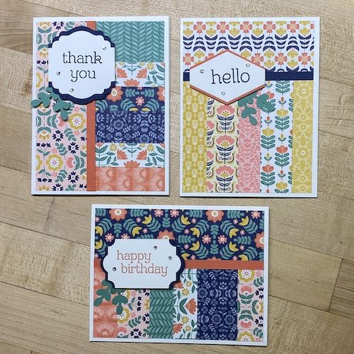 three cards with thank you and hello written on them