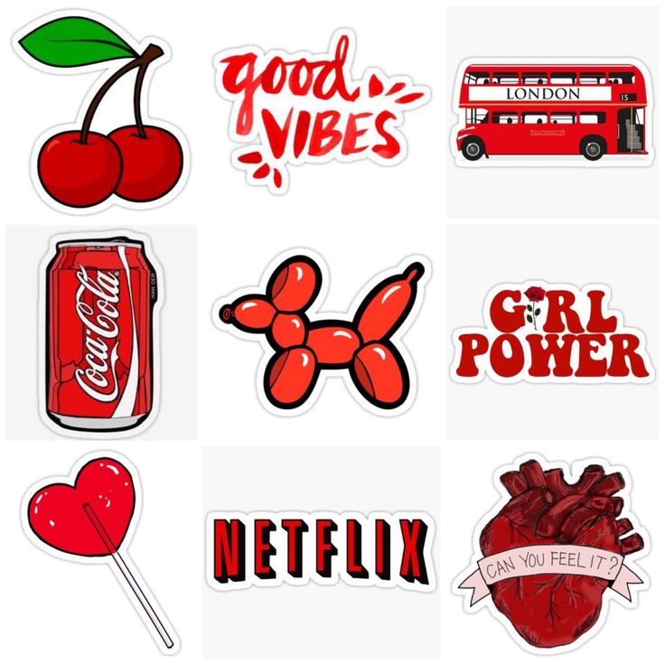 various stickers that include coca cola, heart shaped lollipops and cherries