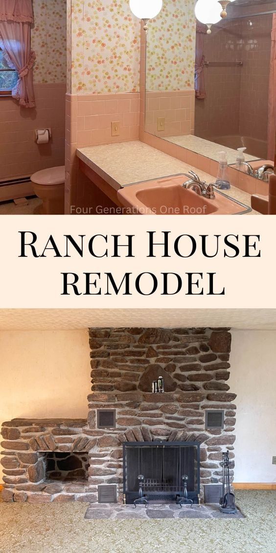 1950s ranch pink bathroom and old stone fireplace Interior Ranch House Remodel, Remodeling 1950s House, Brick Rancher Interior Remodel, Ranch Style Home Makeover Before After, 1964 House Remodel, Ranch Home Updates, Remodel 1950s House Ranch Homes, Remodeling 1960s Home Ranch Style, Updated 1960s Home