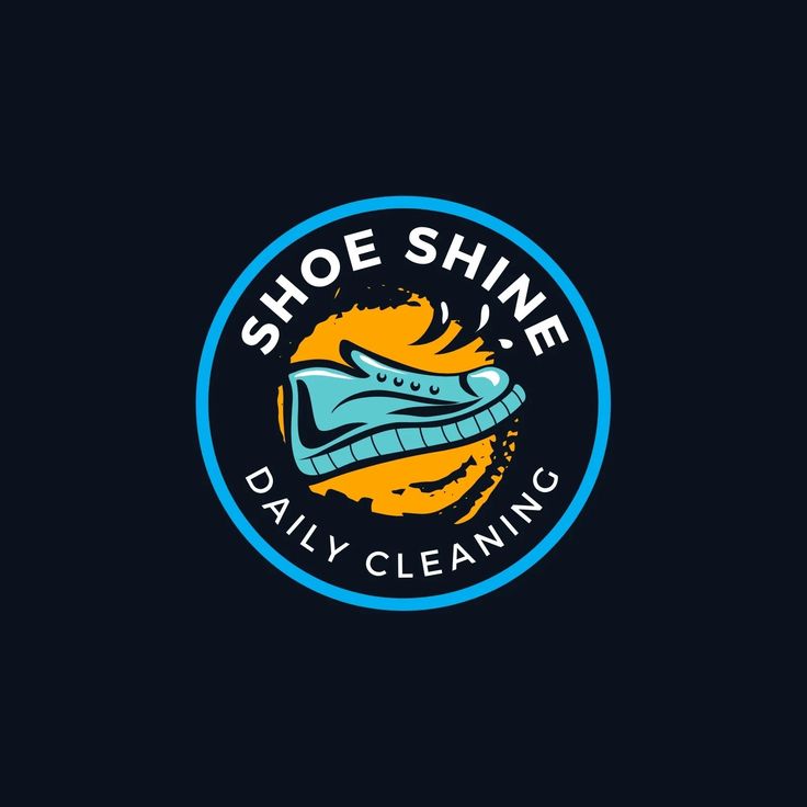 the shoe shine daily cleaning logo is shown in blue and orange colors on a black background