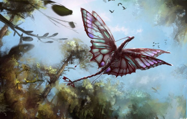 a painting of a butterfly flying through the air