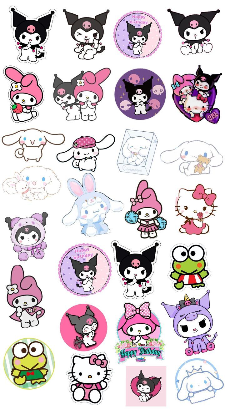 an assortment of cartoon stickers on a white background with the words hello kitty in different languages