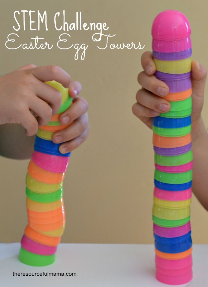 This Easter egg towers STEM challenge is a fun activity that uses plastic Easter eggs. It will get kids talking about what makes a strong and stable building. Stem Bins, Kindergarten Stem, Easter School, Preschool Stem, Easter Preschool, Stem Challenge, Easter Games, Spring Preschool, Party Plan