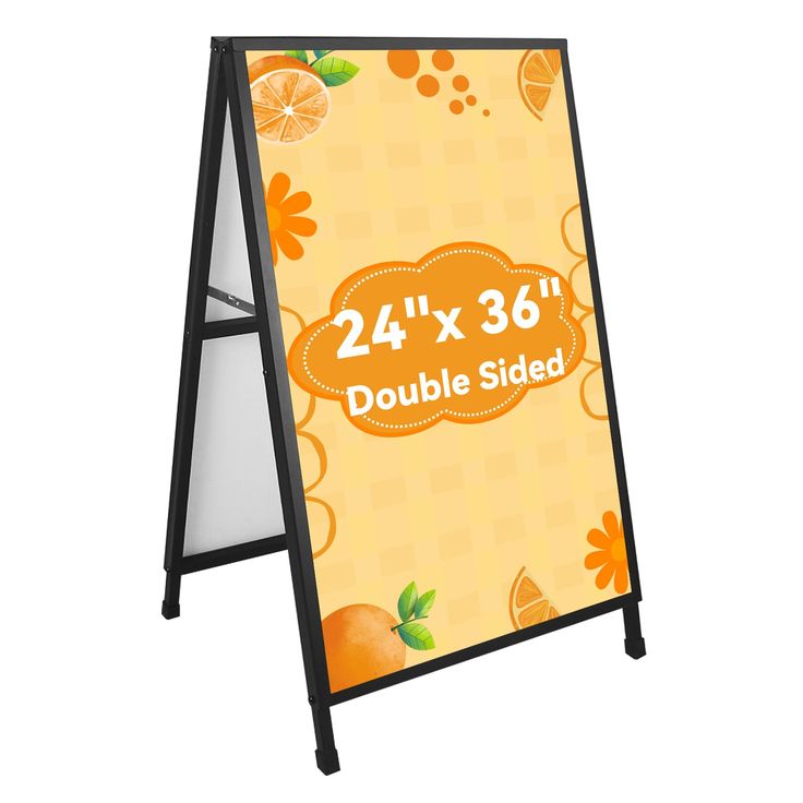 a sign with the words double sided and oranges on it's sides, in front of a white background