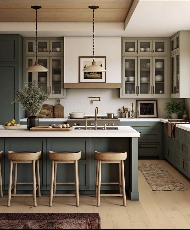 an image of a kitchen setting with bar stools and island in the foreground