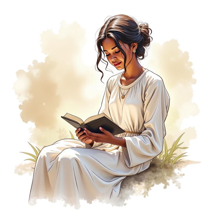 a woman sitting on the ground reading a book with her hair pulled back in a bun