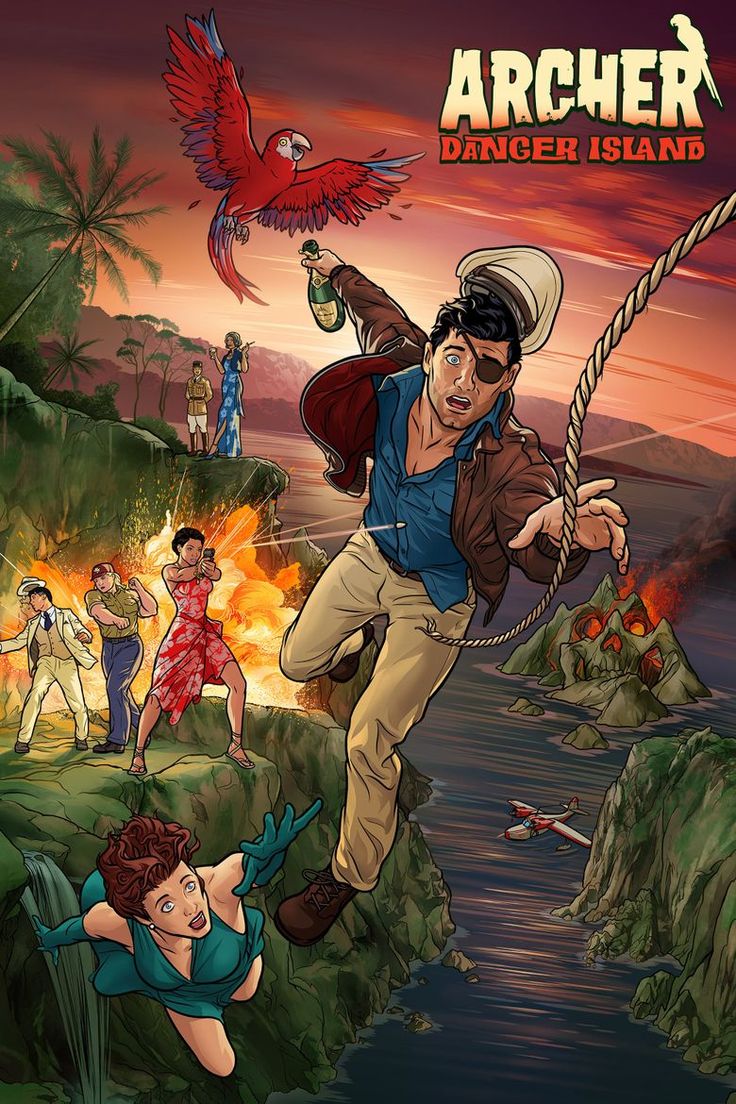 the poster for archer danger island is shown in front of an image of people and birds