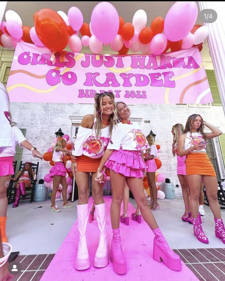 Kd Bid Day Themes, Sorority Barbie Theme, 2000s Sorority Theme, 70s Bid Day Theme, Gphi Bid Day Themes, Disco Theme Bid Day, Girls Just Wanna Go Bid Day, Bid Day Themes Kappa Delta, Y2k Bid Day Theme