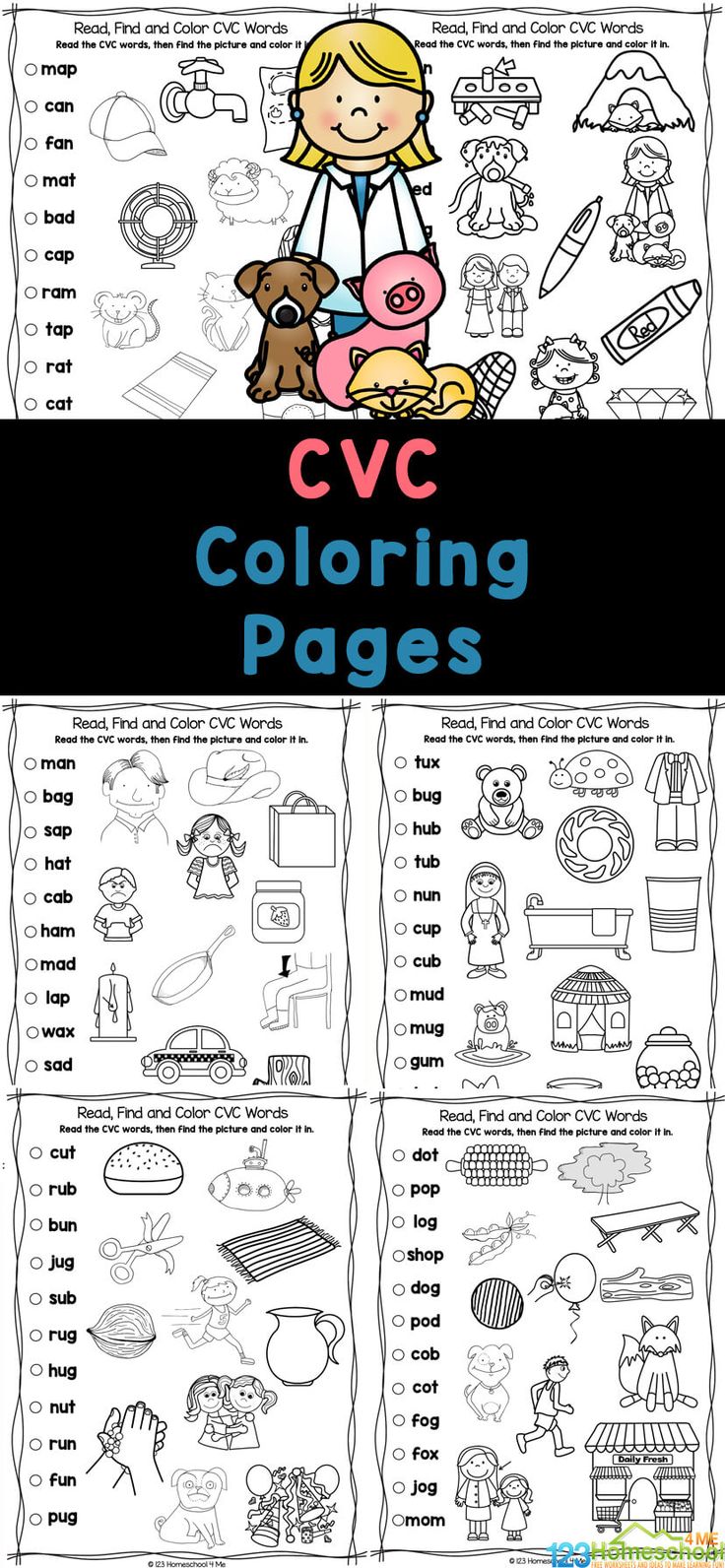 the cvc coloring pages are filled with pictures and words to help students learn how to write