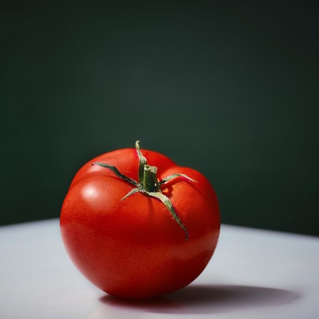 a red tomato sitting on top of a white table