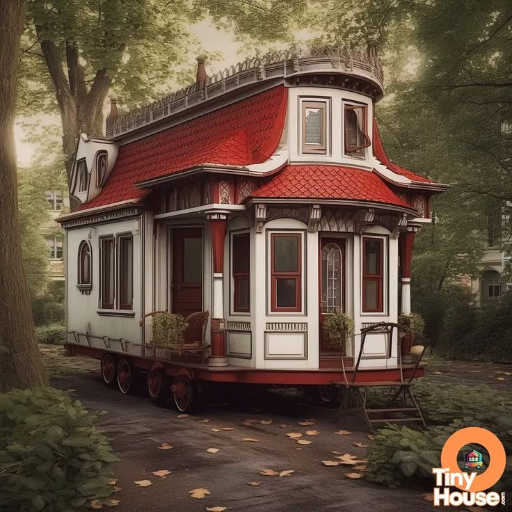 a red and white house sitting on the side of a road in front of trees