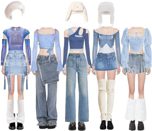 Newssera on ShopLook | The easiest way to find the perfect outfit Blue Outfit Concert, Txt Blue And White Outfit, Blue Idol Outfit, Blue Kpop Outfit, Blue Performance Outfit, Blue Outfit Korean, Warm Concert Outfit, Kpop Denim Outfit, Kpop 5 Members Outfit