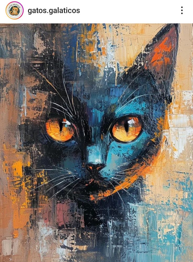 a painting of a black cat with orange eyes on an instagram page that reads, gatos galaticos