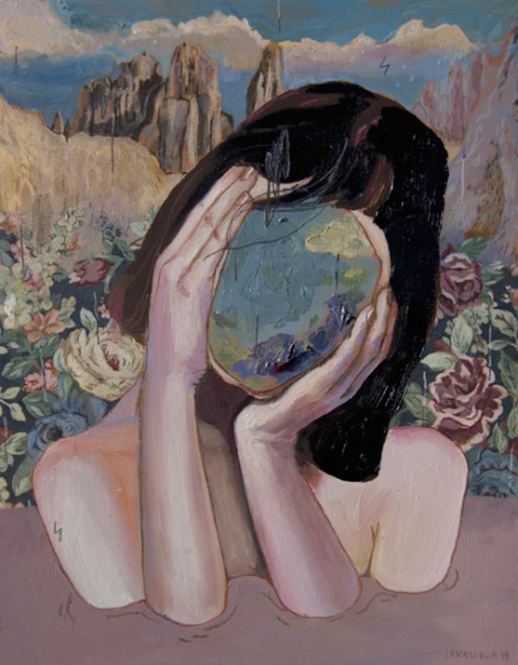 a painting of a woman covering her face with her hands and looking at the earth