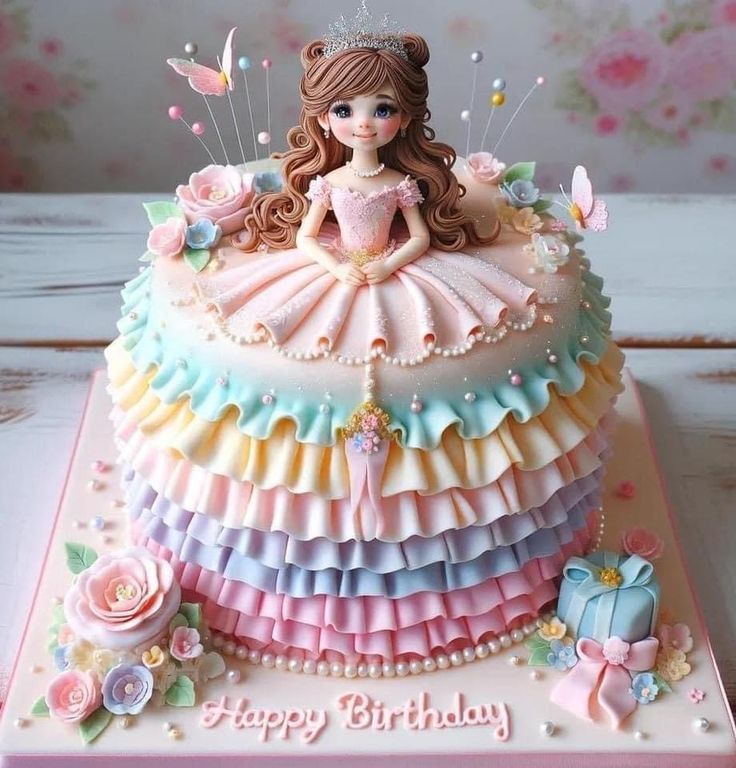 a birthday cake decorated with a princess doll and flowers on it's tiers