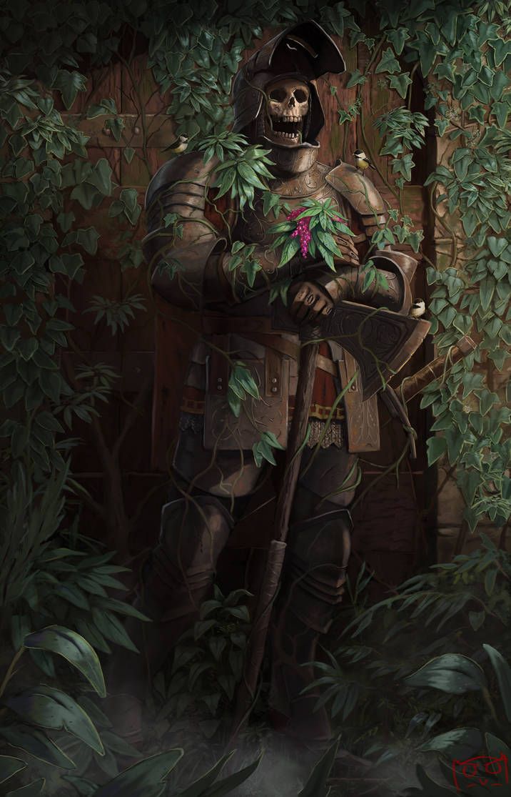 a painting of a skeleton in the woods holding a rose with leaves on it's chest