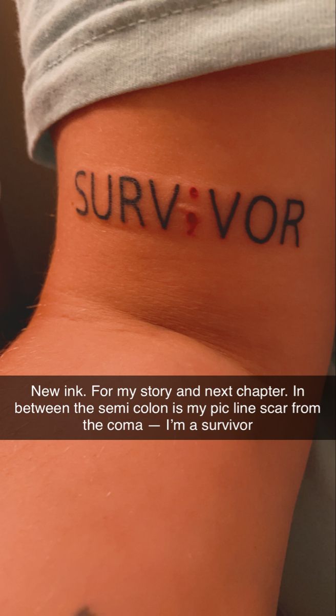 a person with a tattoo that says survivor on their left side, and the word survivor written in black ink