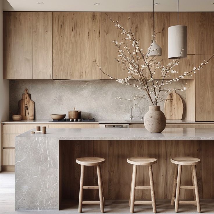 a kitchen with wooden cabinets and stools next to a counter top that has two vases on it