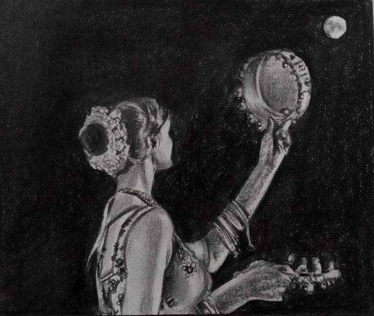 a black and white drawing of a woman holding a ball in her right hand with the moon behind her