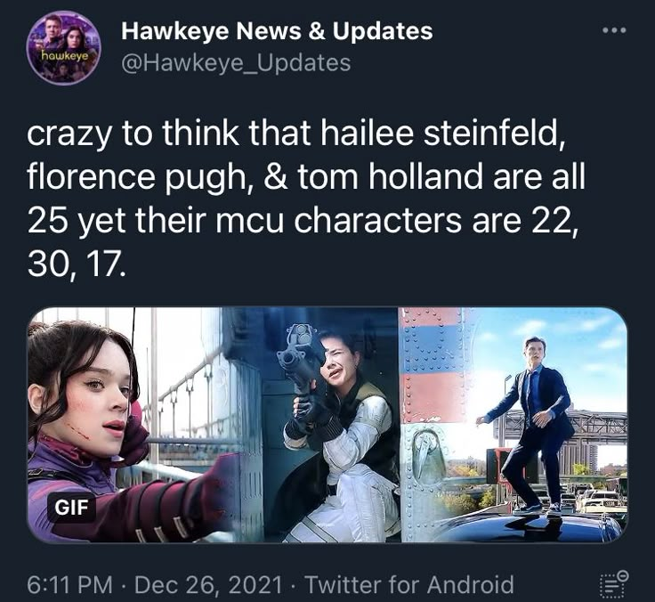 an instagram with the caption that reads, crazy to think that hale stefield, fiorence pugh, & tom holland are all 26 yet their mou characters are 22,