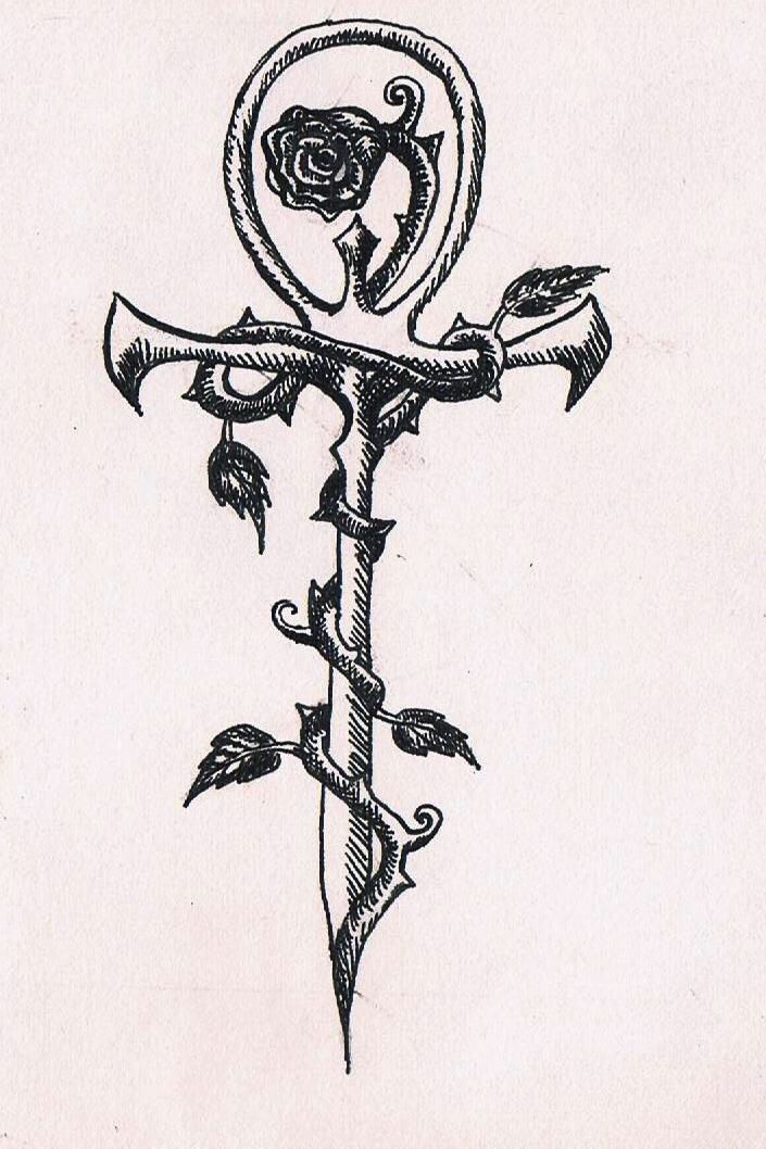 a drawing of a cross with roses and leaves on the side, in black ink