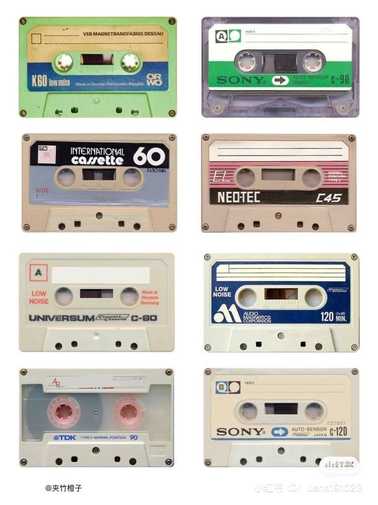 cassette tapes are arranged in different colors and sizes, with the same size on each side