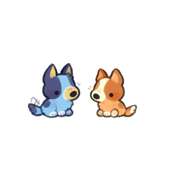 two small dogs sitting next to each other on a white surface, one is brown and the other is blue