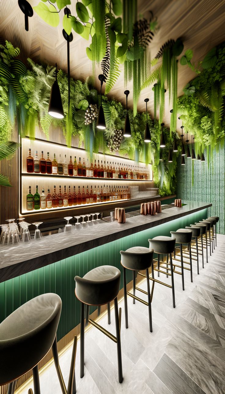 an artistic rendering of a bar with green plants hanging from the ceiling and stools