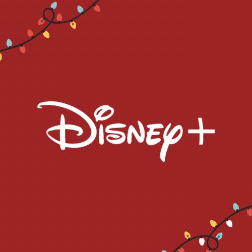 the disney plus logo with christmas lights hanging from it's sides on a red background