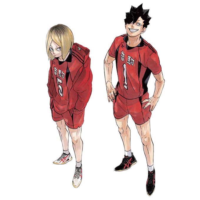 two anime characters wearing red and black outfits, one with his hands on his hips