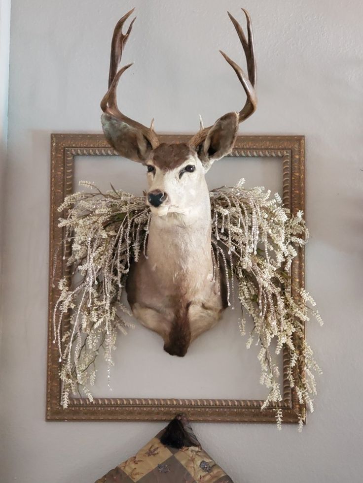 a deer's head mounted on the wall in front of a frame with flowers