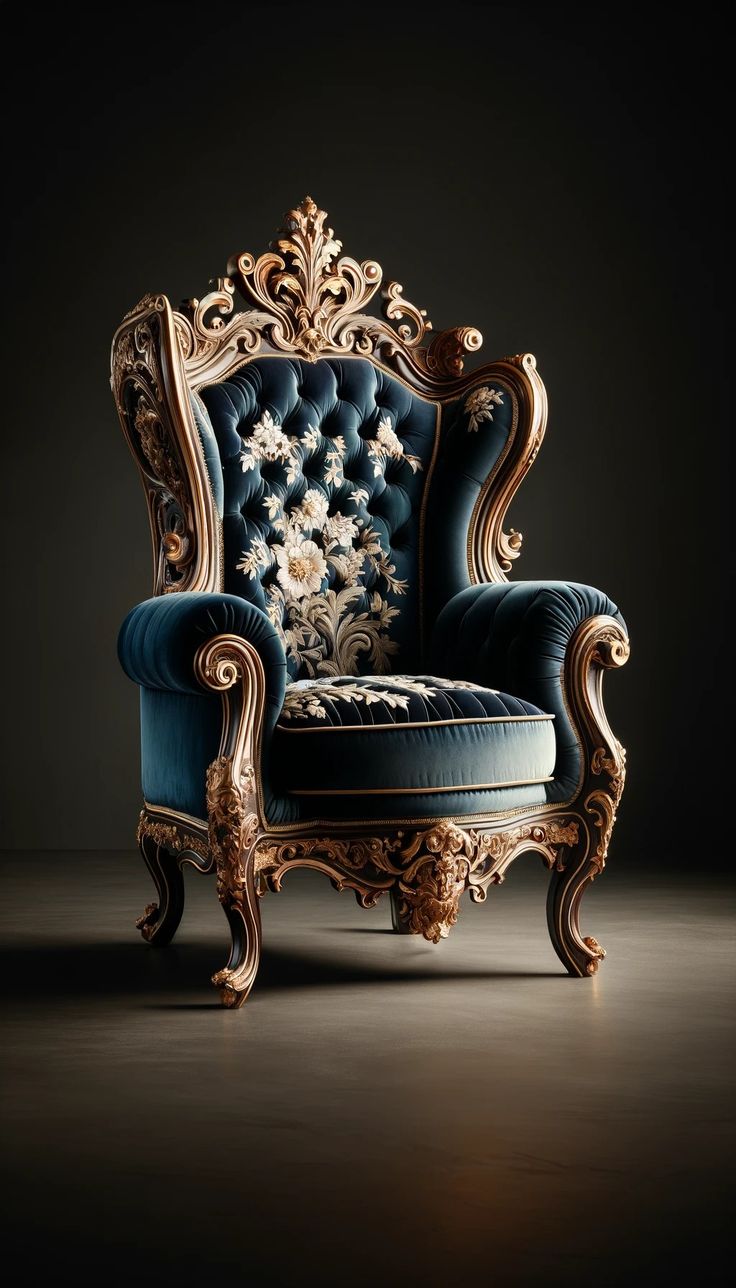 an ornate chair with blue velvet upholstered