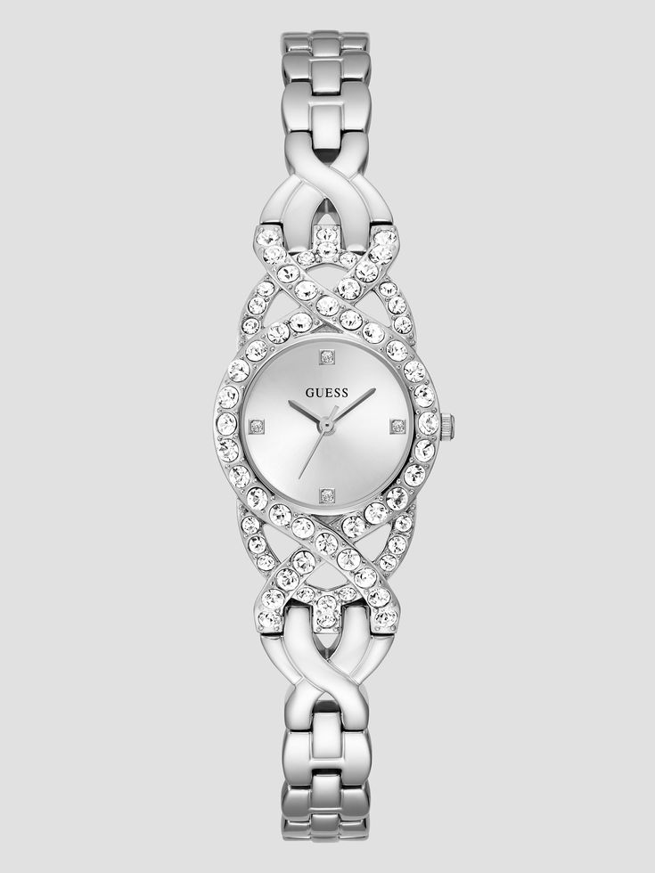 Silver-tone analog watch Crystal bezel Minimal hour markers Polished stainless steel bracelet Case diameter in mm: 23 Water resistant up to 10M/33 ft Two-year limited warranty Silver Watch Women, Guess Watches, Watch Aesthetic, Silver Watches Women, Guess Watch, Crystal Watches, Watch Women, Wedding Watch, Analog Watch