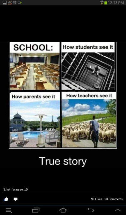 a cell phone with pictures of sheep and people in the background, text reads funny school how students see it how parents see it how teachers see it