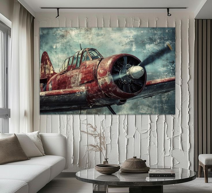 an airplane painted on the wall in a living room