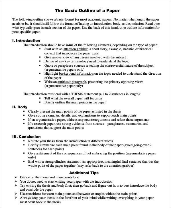 an outline for a research paper with the title and page headings in each section