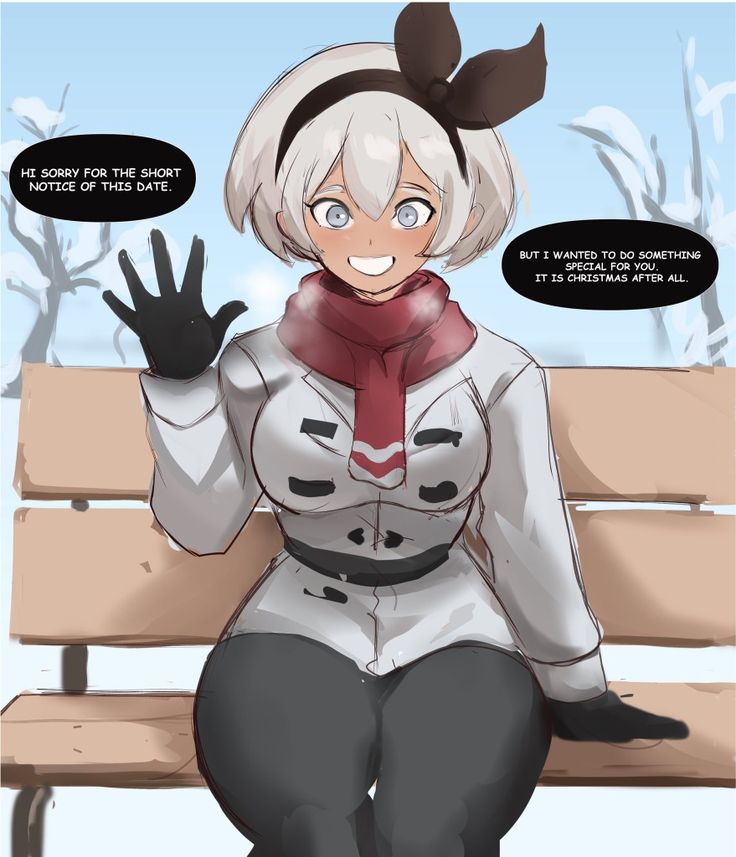 an anime character sitting on a bench with her hand up to the side and two speech bubbles above her