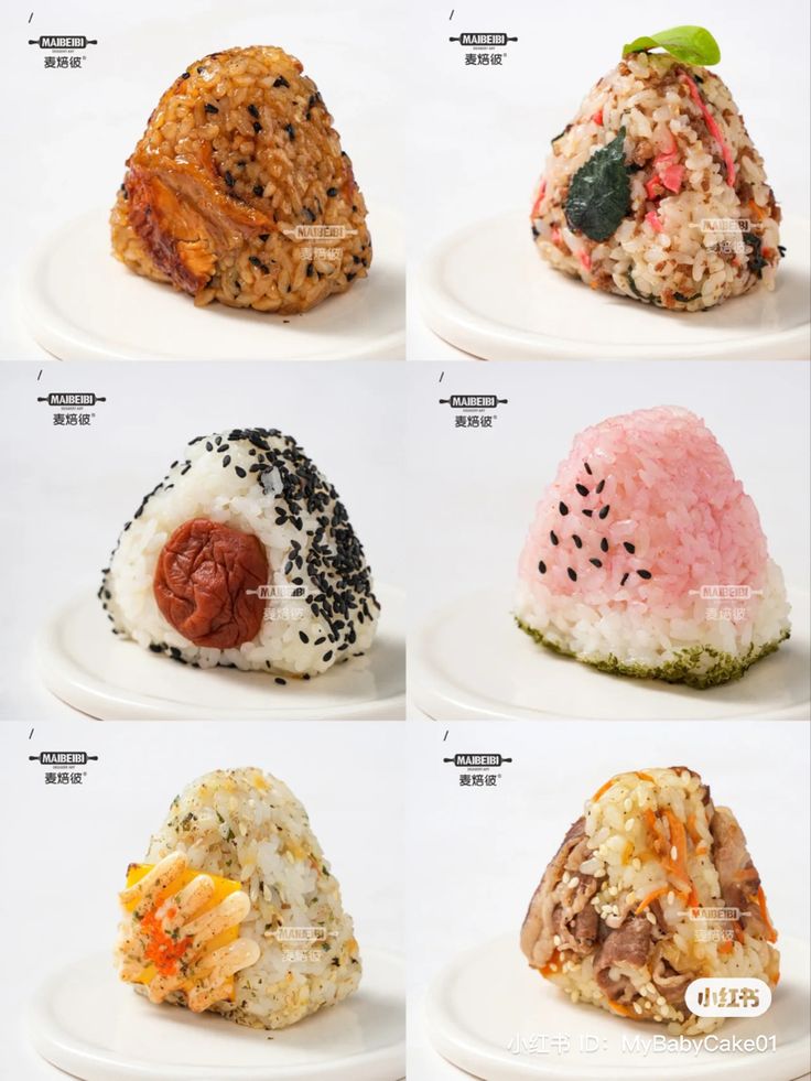 six different types of sushi on white plates