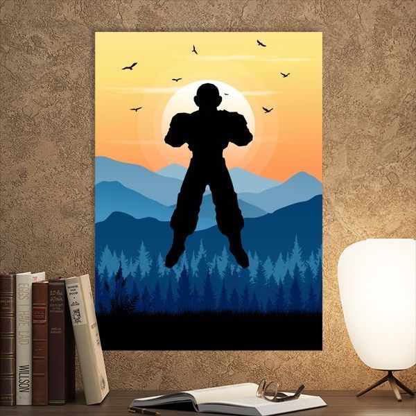 the silhouette of a man in front of a sunset with birds flying over him and mountains