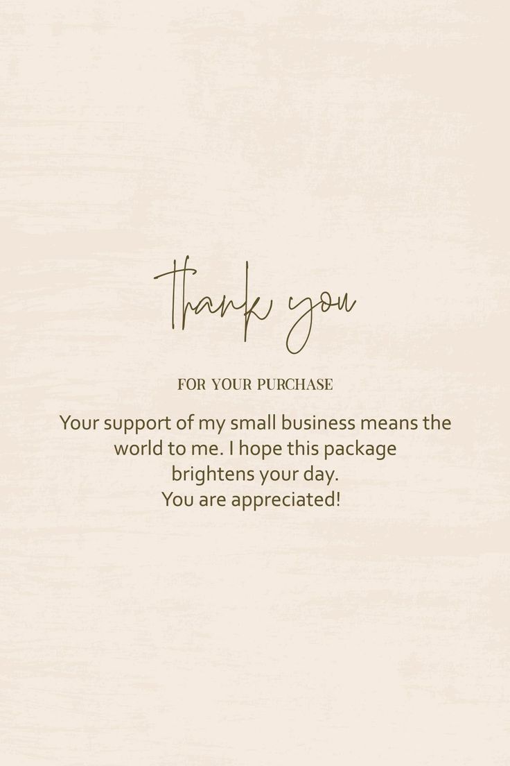 a thank card with the words, thank you for your purchase