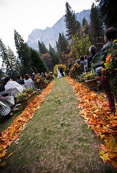 an outdoor ceremony with people sitting on benches and flowers in the grass, surrounded by fall leaves