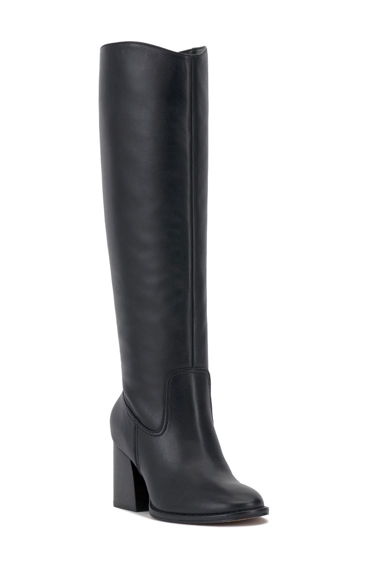 Smooth, polished leather forms the upper of this knee-high boot set atop a slightly curved block heel. 2 3/4" heel 15 1/4" shaft; 14 1/2" regular calf circumference 15 1/4" shaft; 16" wide calf circumference 15 1/4" shaft; 17" extra-wide calf circumference Leather upper/synthetic lining/rubber sole Imported Black Tall Boots, 2024 Wishlist, Future Wardrobe, Black Knee High Boots, Black Boots Tall, Sneaker Jewelry, Platform Slippers, Black Knees, Pointed Toe Shoes