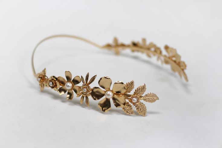 Blooming Queen Floral Bridal Crown Greek Goddess Headband, Roman Tiara, Bridal Hair Accessory Floral Wreath Flower Crown Gold Flowers Floral Bridal Crown, Goddess Headband, Floral Goddess, Magical Hair, Flowers And Pearls, Egypt Jewelry, Bridal Cuff, Goddess Crown, Back Of The Head