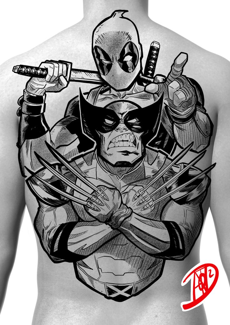 the back of a man with a deadpool tattoo on his chest and an arrow in his hand