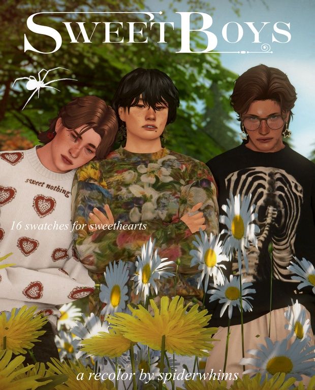 three people standing next to each other with flowers in front of them and the words sweet boys