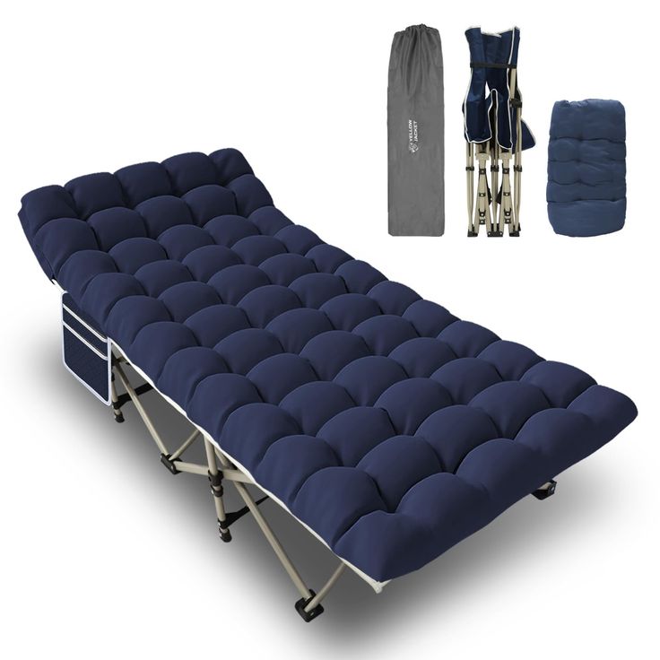 an image of a futon bed with blue sheets and pillows on it's sides